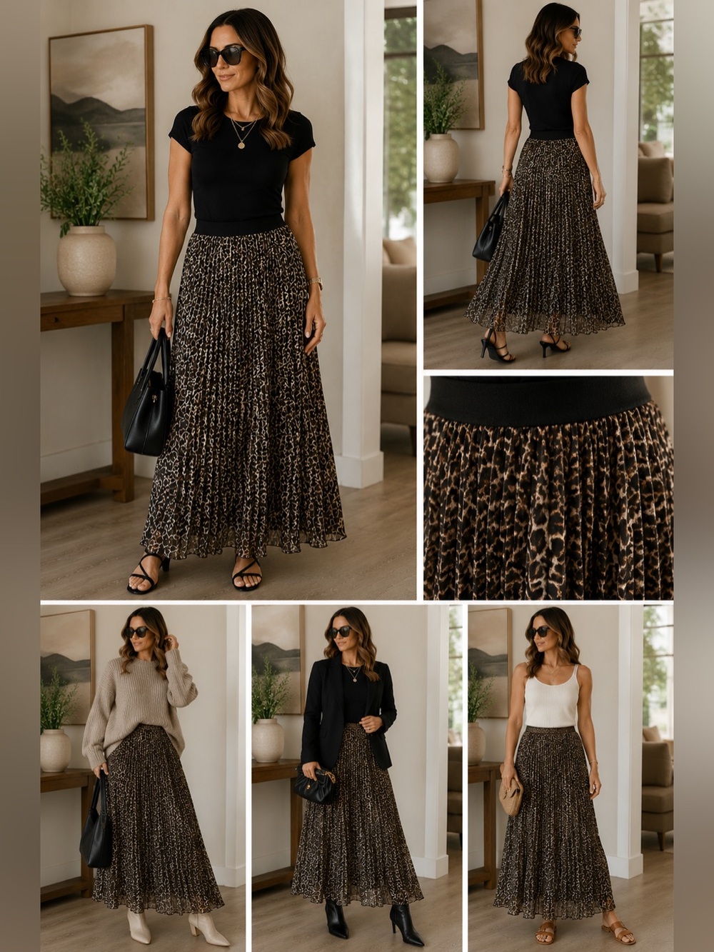 DKNY Pleated Leopard Print Midi Skirt Size M Elastic Waist